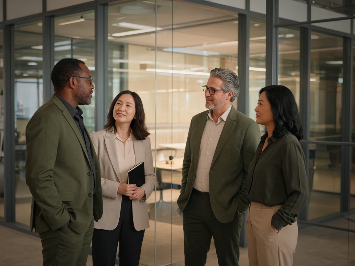 B2B executives in a warm-toned meeting space before a qualitative interview